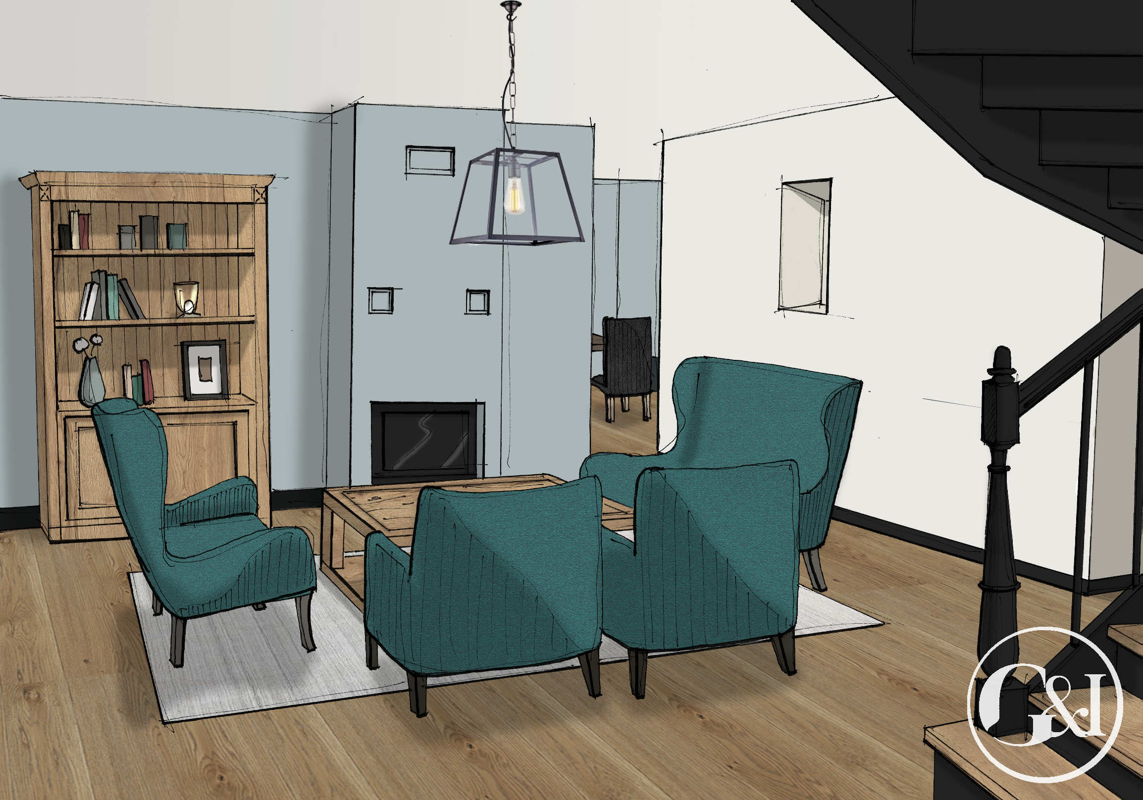 Projet 3D de séjour réalisé par Maison Garance et Isatis