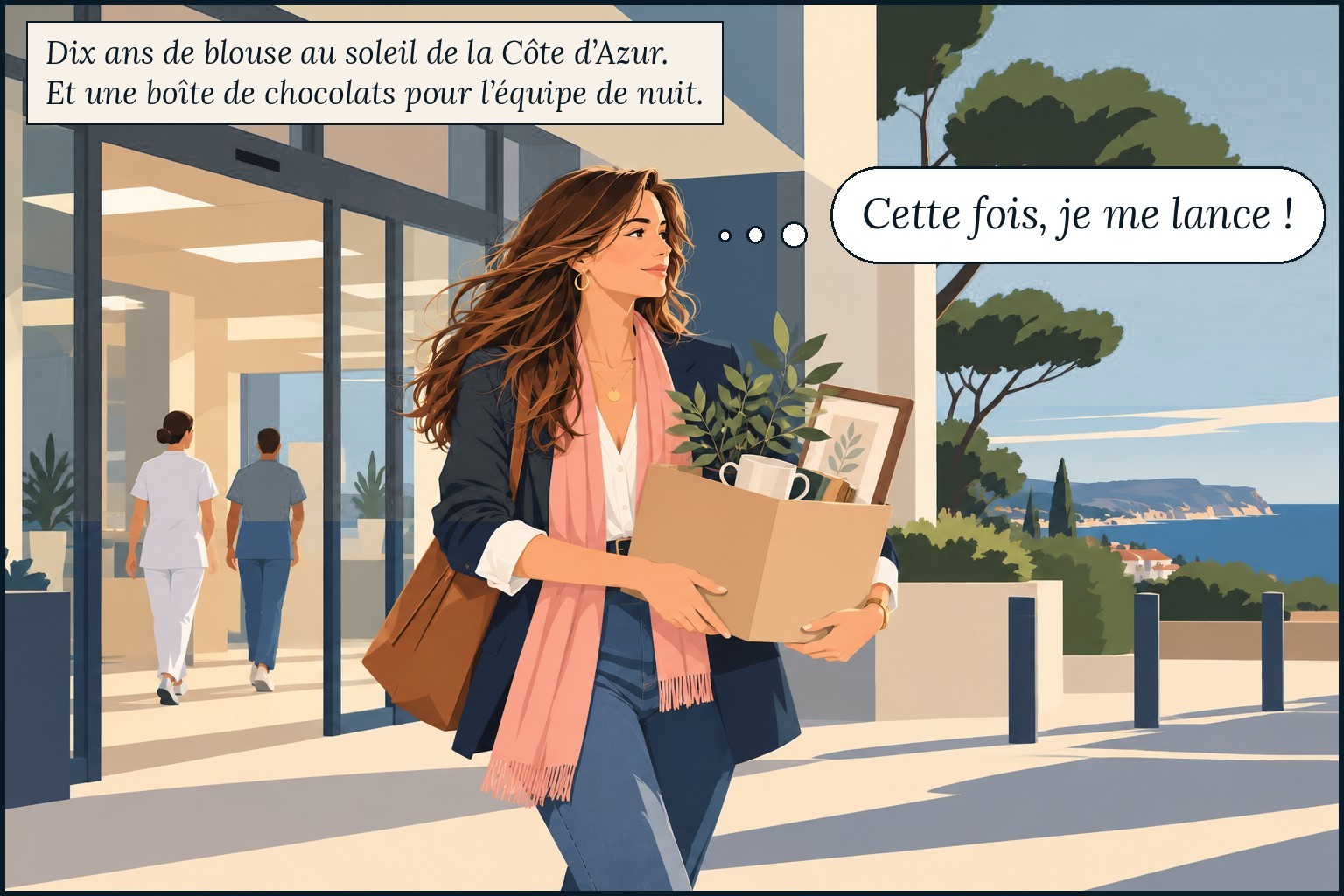 Garance, future décoratrice d'intérieur, quitte son poste à l'hôpital avec un carton dans les bras pour créer son entreprise de décoration. Dix ans de blouse au soleil de la Côte d'Azur. Et une boîte de chocolats pour l'équipe de nuit. Garance pense : « Cette fois, je me lance ! »
