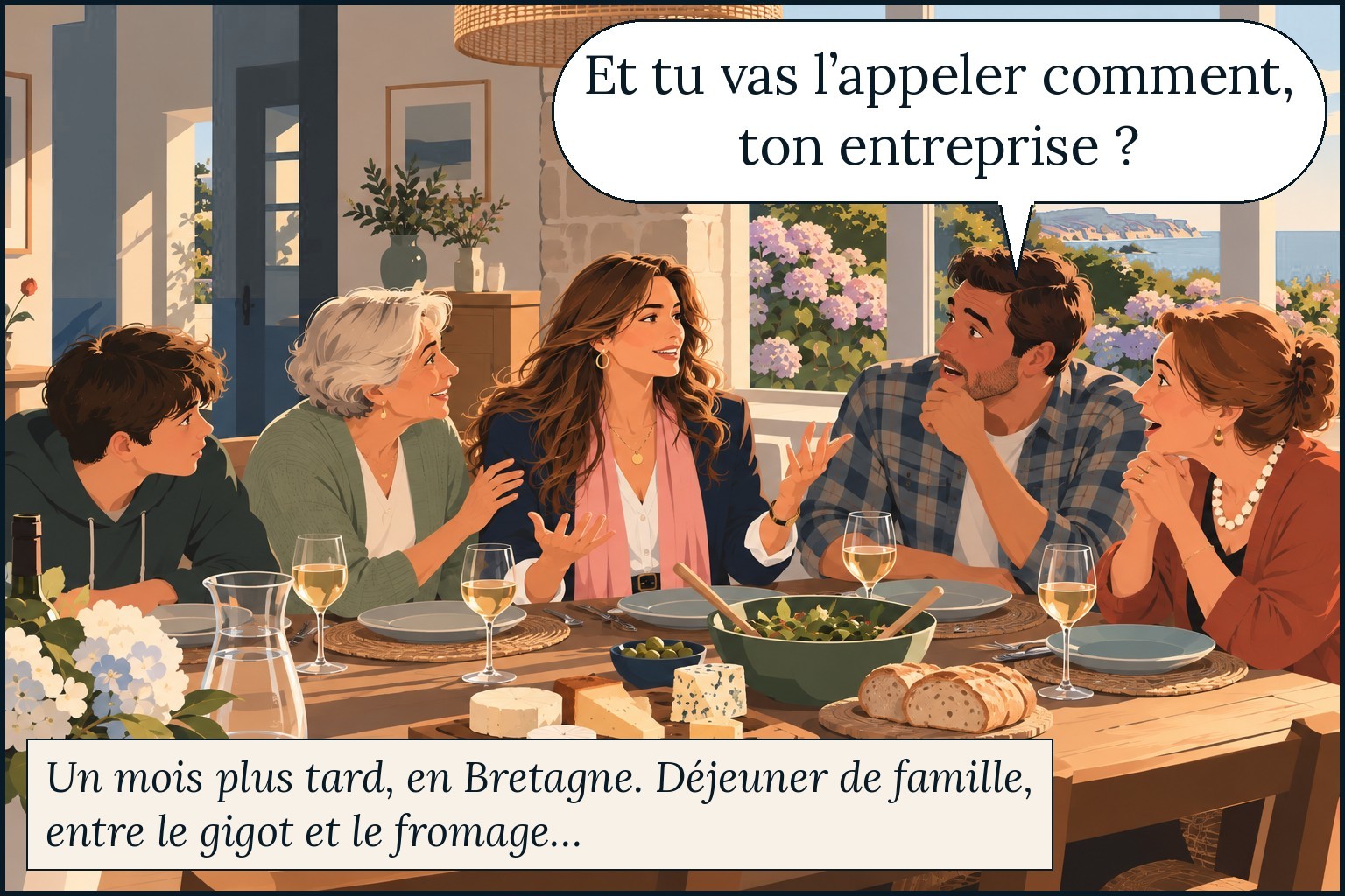 Déjeuner de famille en Bretagne : la famille demande à Garance le nom de son entreprise de décoration. Un mois plus tard, en Bretagne. Déjeuner de famille, entre le gigot et le fromage… « Et tu vas l'appeler comment, ton entreprise ? »