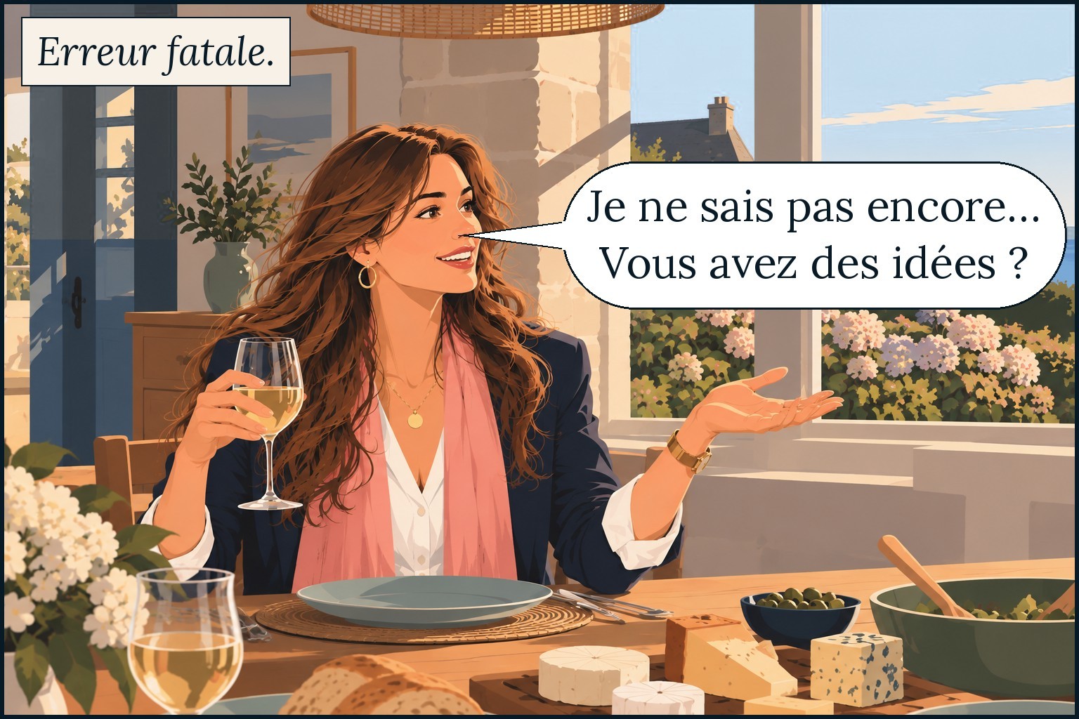 Garance demande à sa famille des idées de nom pour son entreprise de décoration. Erreur fatale. Garance : « Je ne sais pas encore… Vous avez des idées ? »