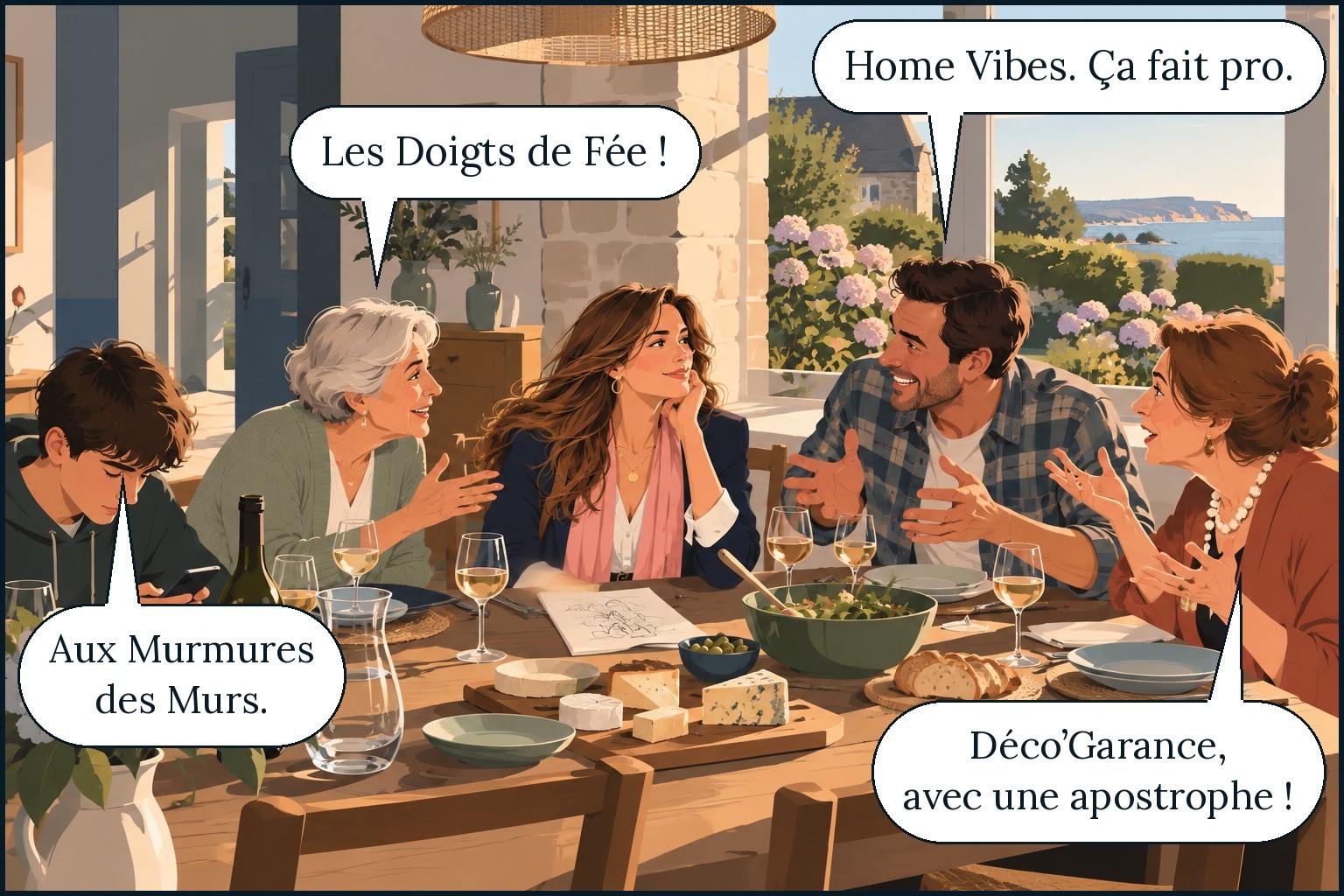 Toute la famille propose en même temps des noms d'entreprise de décoration à Garance. Chacun a son idée : « Les Doigts de Fée ! », « Home Vibes. Ça fait pro. », « Déco'Garance, avec une apostrophe ! », « Aux Murmures des Murs. »