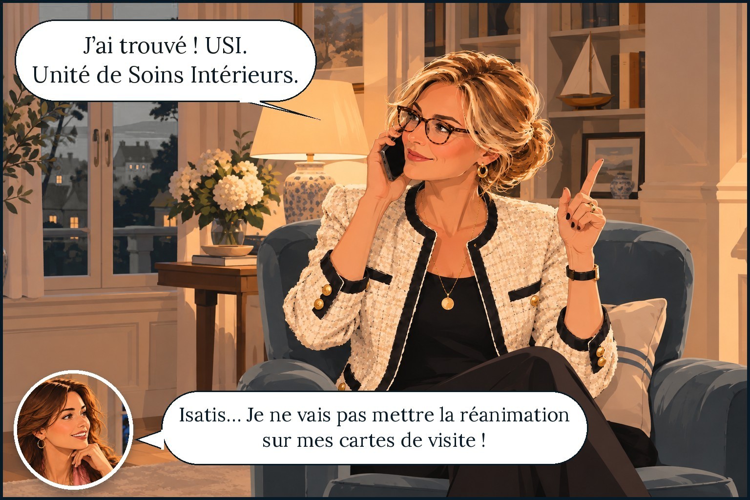 Isatis au téléphone propose un nom d'entreprise de décoration à Garance. Isatis : « J'ai trouvé ! USI. Unité de Soins Intérieurs. » Garance : « Isatis… Je ne vais pas mettre la réanimation sur mes cartes de visite ! »