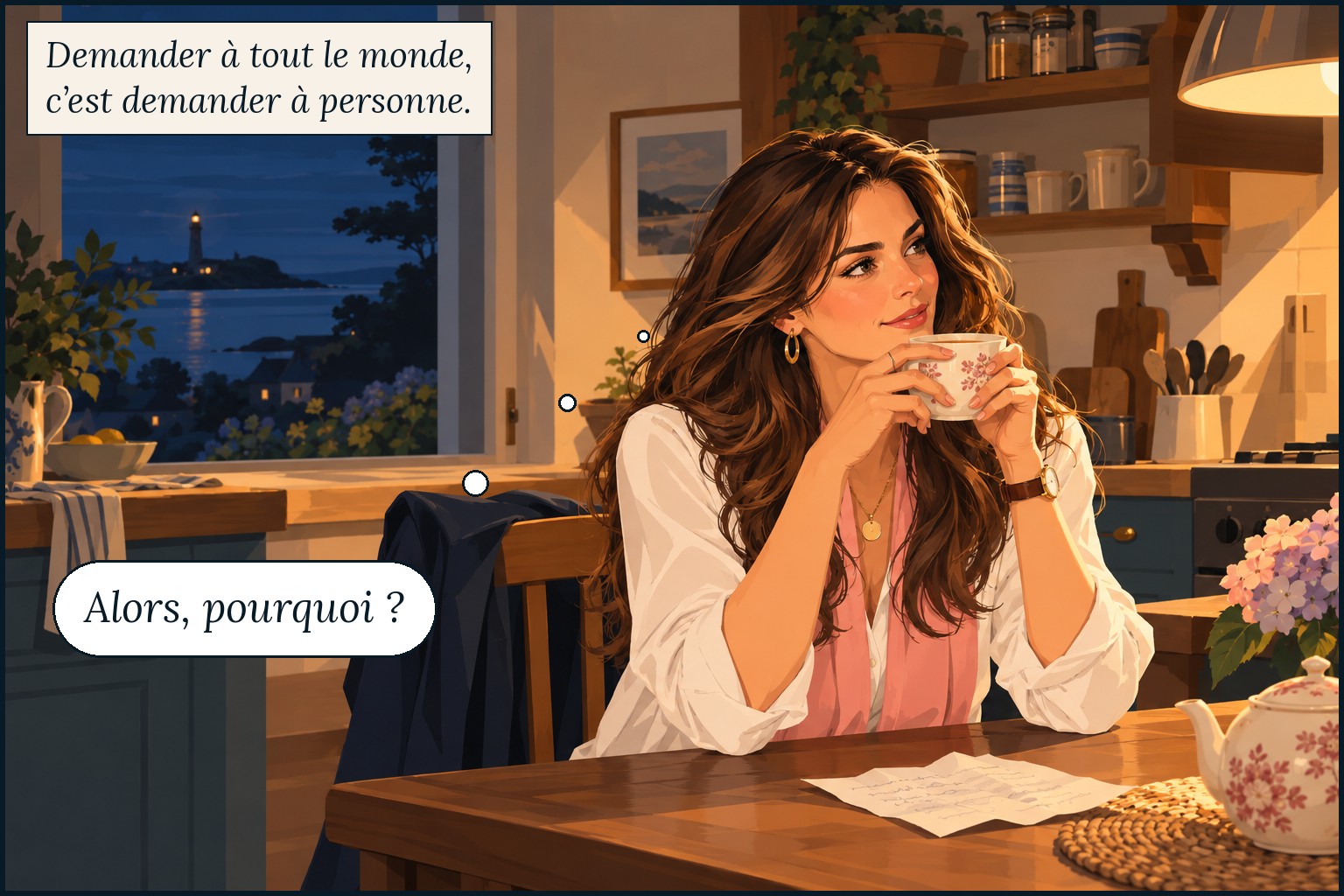 Garance réfléchit la nuit au sens du nom de son entreprise de décoration. Demander à tout le monde, c'est demander à personne. Garance pense : « Alors, pourquoi ? »