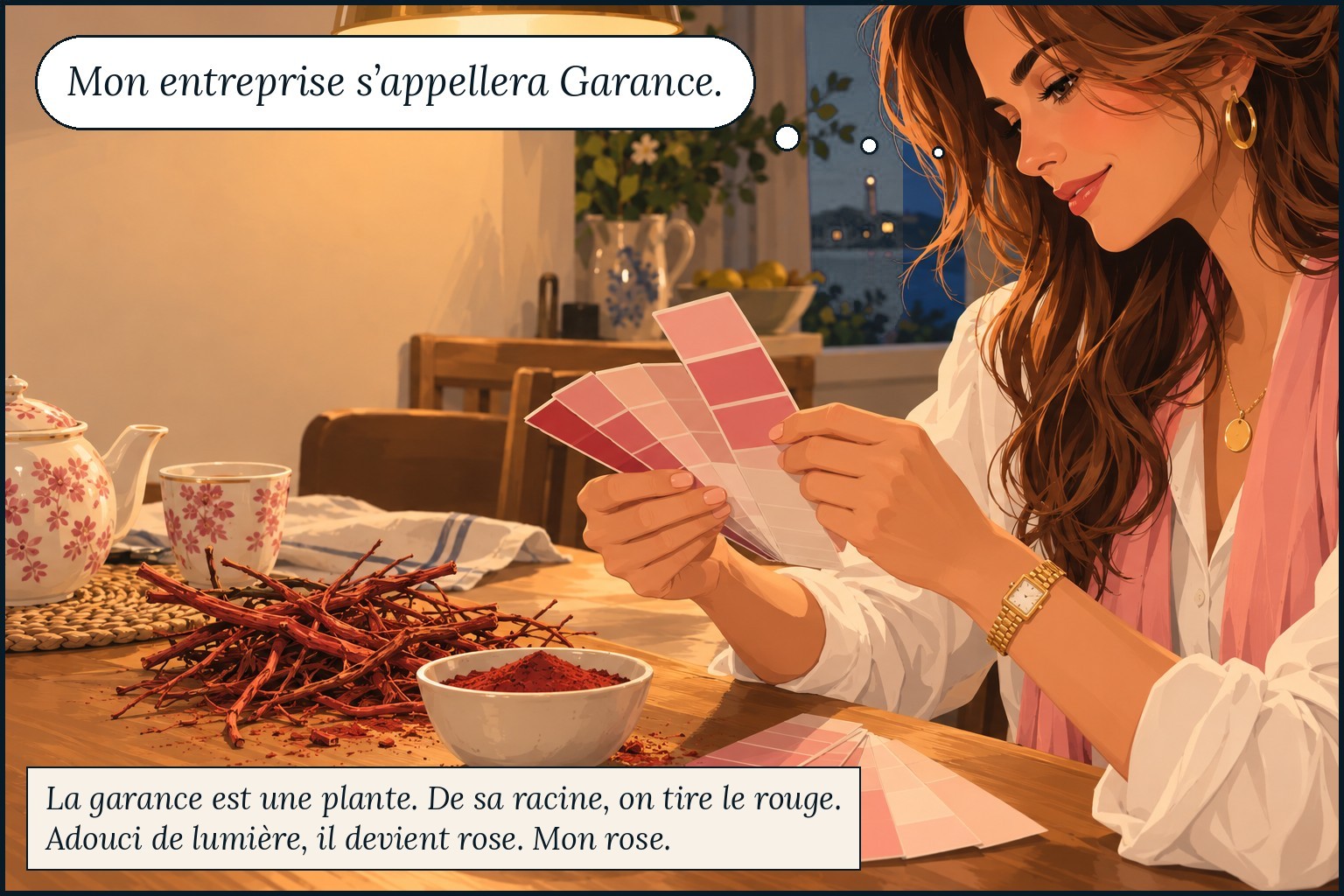 Racine de garance, pigment rouge et nuanciers roses : l'origine du nom de l'entreprise de décoration de Garance. Garance pense : « Mon entreprise s'appellera Garance. » La garance est une plante. De sa racine, on tire le rouge. Adouci de lumière, il devient rose. Mon rose.