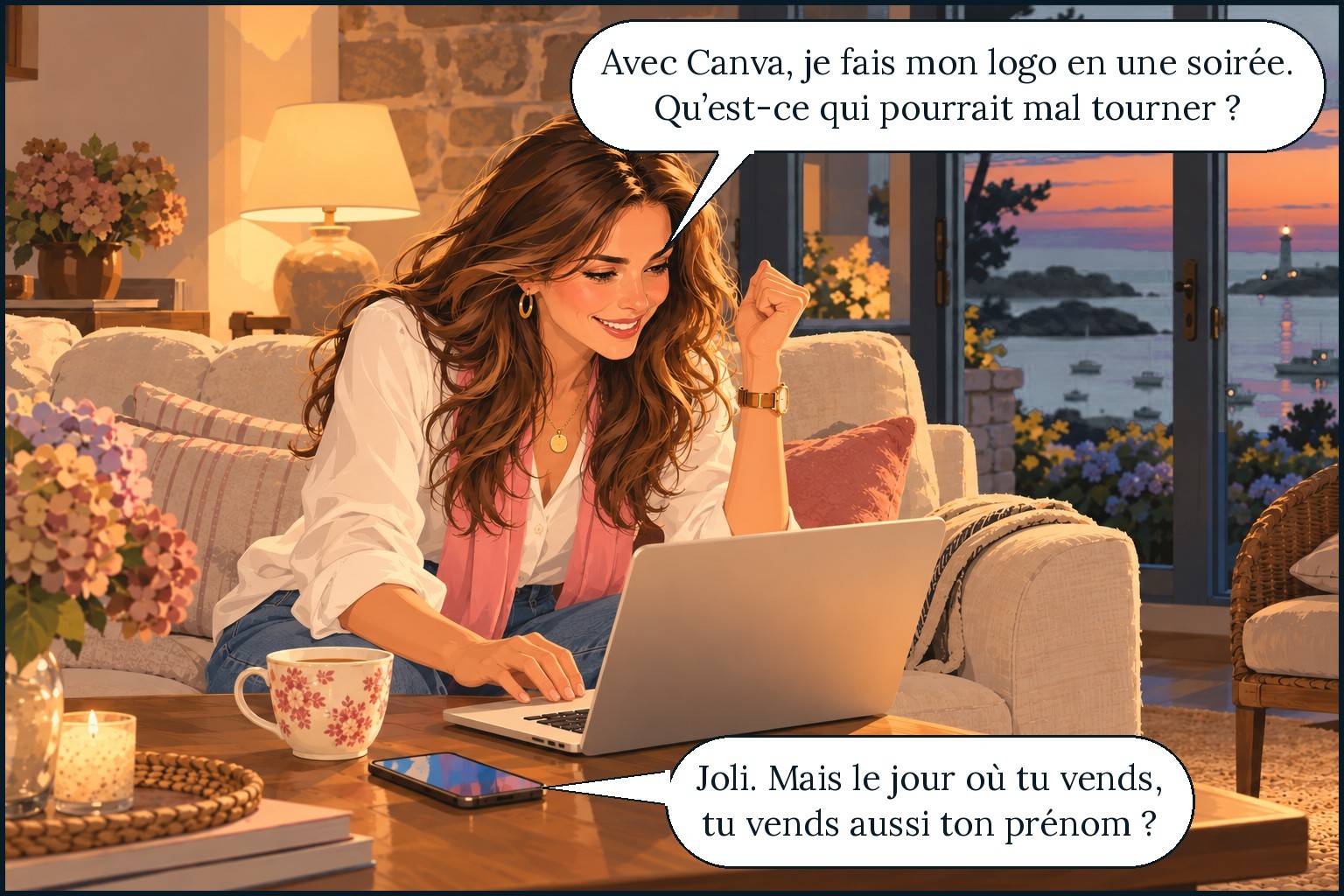 Garance, ravie, devant son ordinateur un dimanche soir. Garance : « Avec Canva, je fais mon logo en une soirée. Qu'est-ce qui pourrait mal tourner ? » Isatis, au téléphone : « Joli. Mais le jour où tu vends, tu vends aussi ton prénom ? »