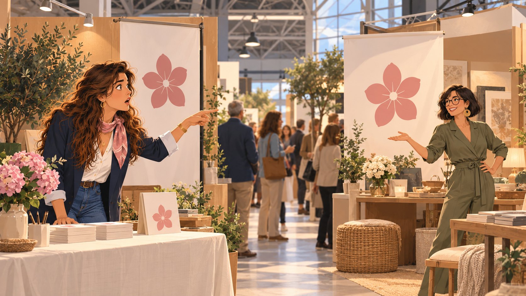Garance, décoratrice qui débute, découvre son logo Canva sur le stand voisin au salon de l'habitat