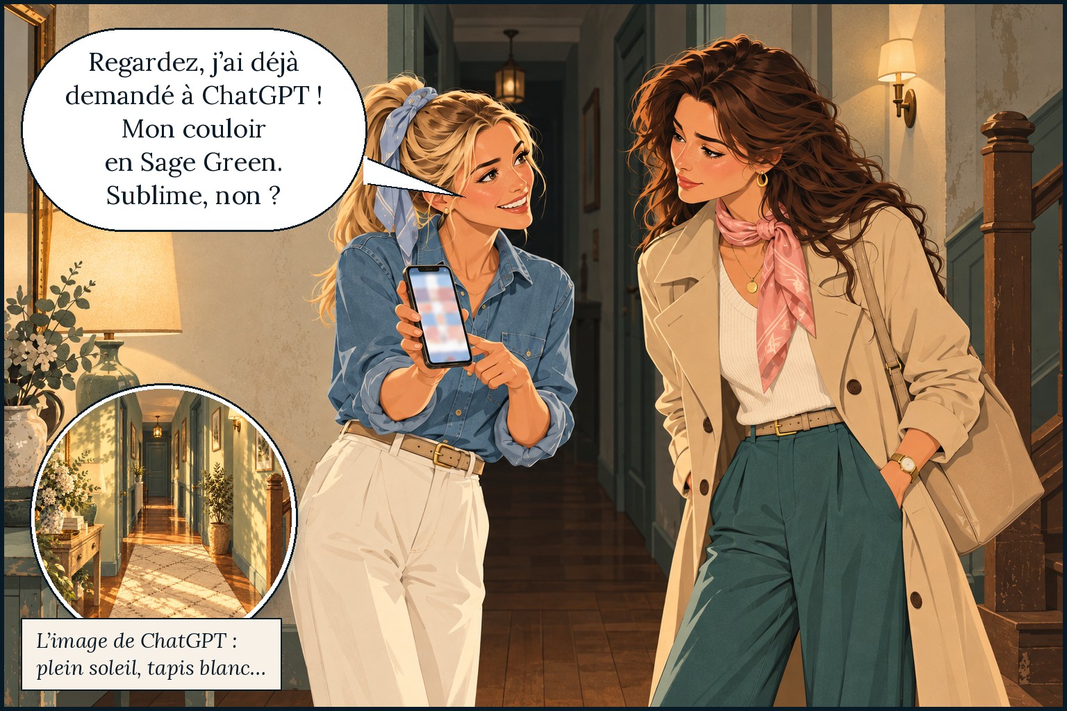 Dans le couloir de sa maison, Claire montre à Garance son couloir repeint en Sage Green par ChatGPT : « Regardez, j’ai déjà demandé à ChatGPT ! Mon couloir en Sage Green. Sublime, non ? » Dans un rond, l’image de ChatGPT : plein soleil, tapis blanc.
