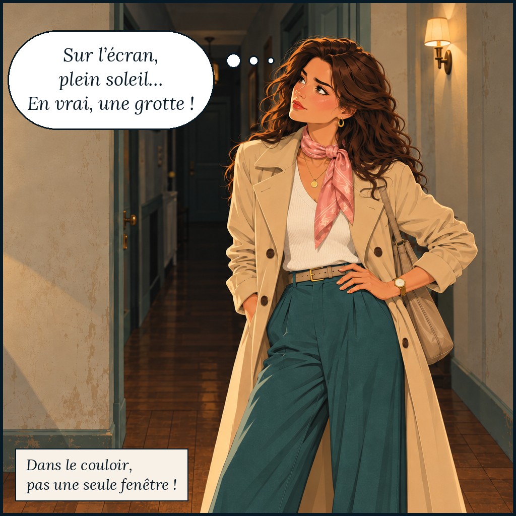 Garance seule dans le vrai couloir de Claire, sombre et sans fenêtre. Elle pense : « Sur l’écran, plein soleil… En vrai, une grotte ! » Dans le couloir, pas une seule fenêtre.