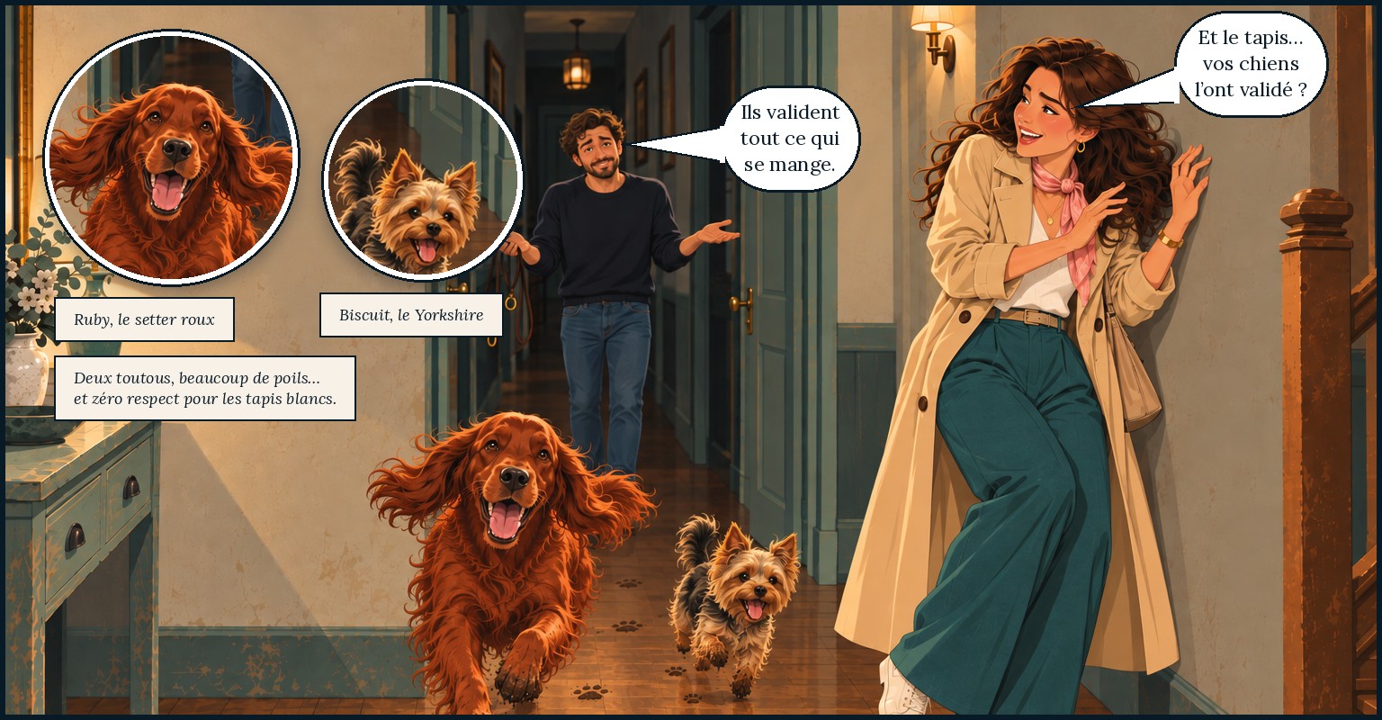 Ruby, le setter roux, et Biscuit, le Yorkshire, les deux chiens de Claire, déboulent dans le couloir les pattes pleines de boue. Deux toutous, beaucoup de poils… et zéro respect pour les tapis blancs. Garance : « Et le tapis… vos chiens l’ont validé ? » Marc : « Ils valident tout ce qui se mange. »