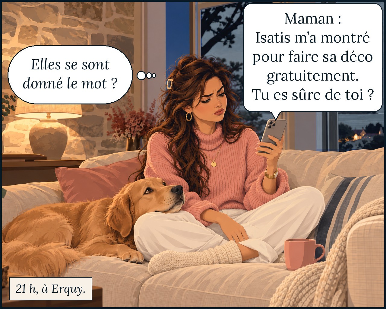 21 h, à Erquy. Garance, sur son canapé, lit un SMS de sa mère : « Isatis m’a montré pour faire sa déco gratuitement. Tu es sûre de toi ? » Elle pense : « Elles se sont donné le mot ? »