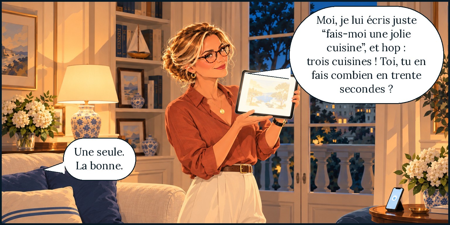 Isatis montre sur sa tablette des cuisines générées par l’IA : « Moi, je lui écris juste “fais-moi une jolie cuisine”, et hop : trois cuisines ! Toi, tu en fais combien en trente secondes ? » Garance, en médaillon, répond : « Une seule. La bonne. »