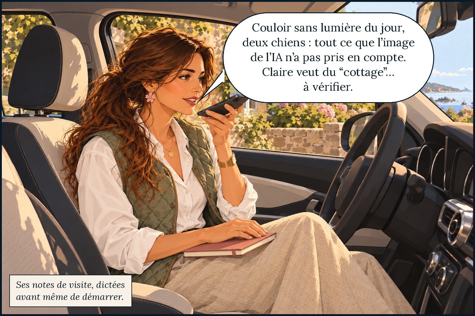 Le lendemain, dans sa voiture, Garance dicte ses notes de visite avant même de démarrer : « Couloir sans lumière du jour, deux chiens : tout ce que l’image de l’IA n’a pas pris en compte. Claire veut du “cottage”… à vérifier. »
