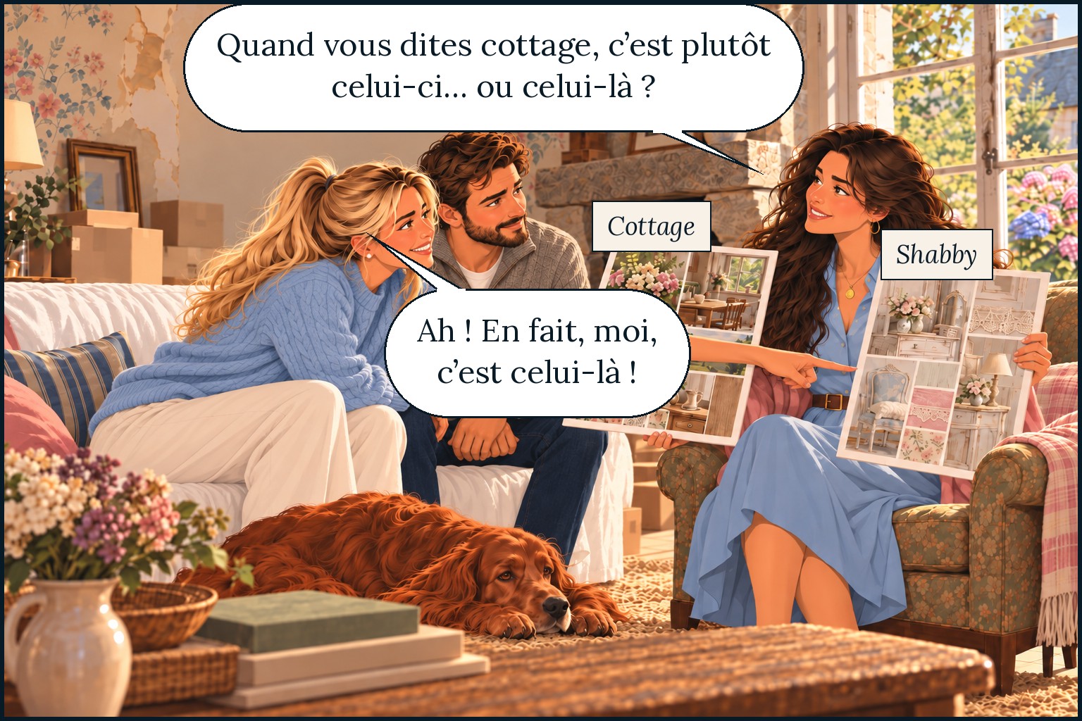Chez Claire, Garance présente deux planches d’ambiance, Cottage et Shabby : « Quand vous dites cottage, c’est plutôt celui-ci… ou celui-là ? » Claire : « Ah ! En fait, moi, c’est celui-là ! »