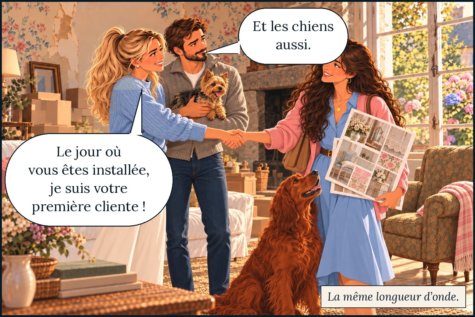 Claire serre la main de Garance : « Le jour où vous êtes installée, je suis votre première cliente ! » Marc, Biscuit dans les bras : « Et les chiens aussi. » La même longueur d’onde.