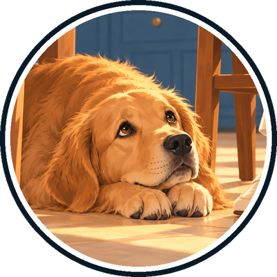 Rose, la golden retriever de Garance, couchée sous la table, les yeux rivés sur la blanquette