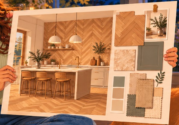 La planche d’ambiance de Garance&nbsp;: une cuisine avec le même parquet en chevrons au sol et sur le mur, et un évier dans l’îlot central