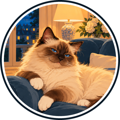 Edgar, le chat Sacré de Birmanie d’Isatis, couché sur le fauteuil bleu, l’air de trouver la situation très drôle