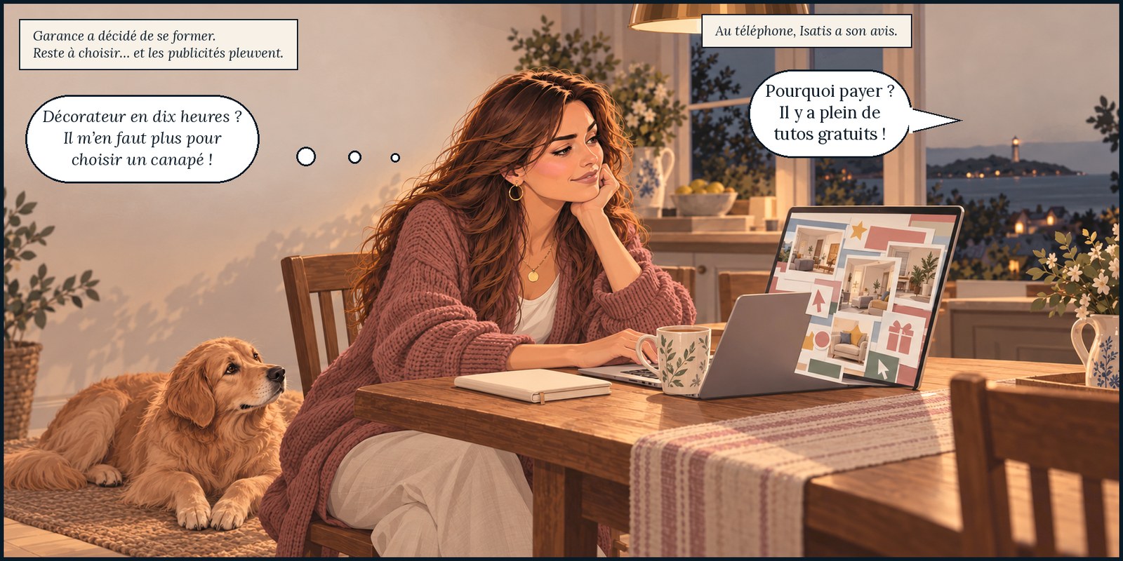 Garance a décidé de se former. Reste à choisir, et les publicités de formations de décoration pleuvent sur son ordinateur. Elle pense : « Décorateur en dix heures ? Il m’en faut plus pour choisir un canapé ! » Au téléphone, Isatis a son avis : « Pourquoi payer ? Il y a plein de tutos gratuits ! »