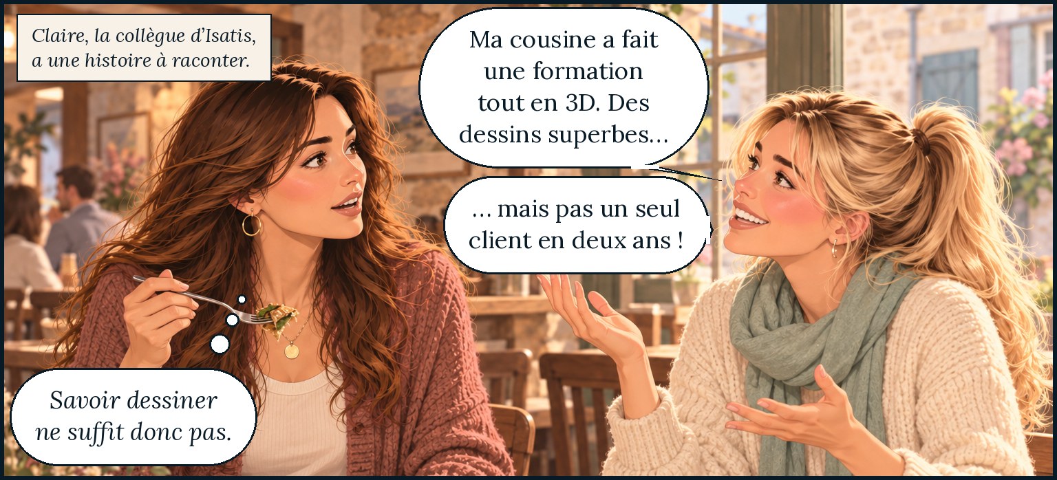 À la crêperie, Claire, la collègue d’Isatis, raconte à Garance : « Ma cousine a fait une formation tout en 3D. Des dessins superbes… mais pas un seul client en deux ans ! » Garance pense : « Savoir dessiner ne suffit donc pas. »