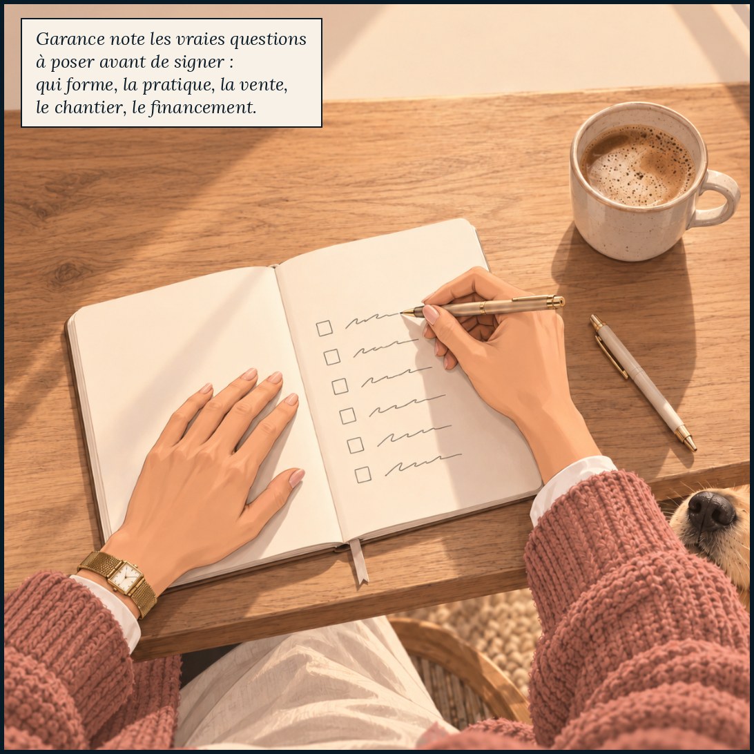 Garance note dans son carnet les vraies questions à poser avant de signer : qui forme, la pratique, la vente, le chantier, le financement.