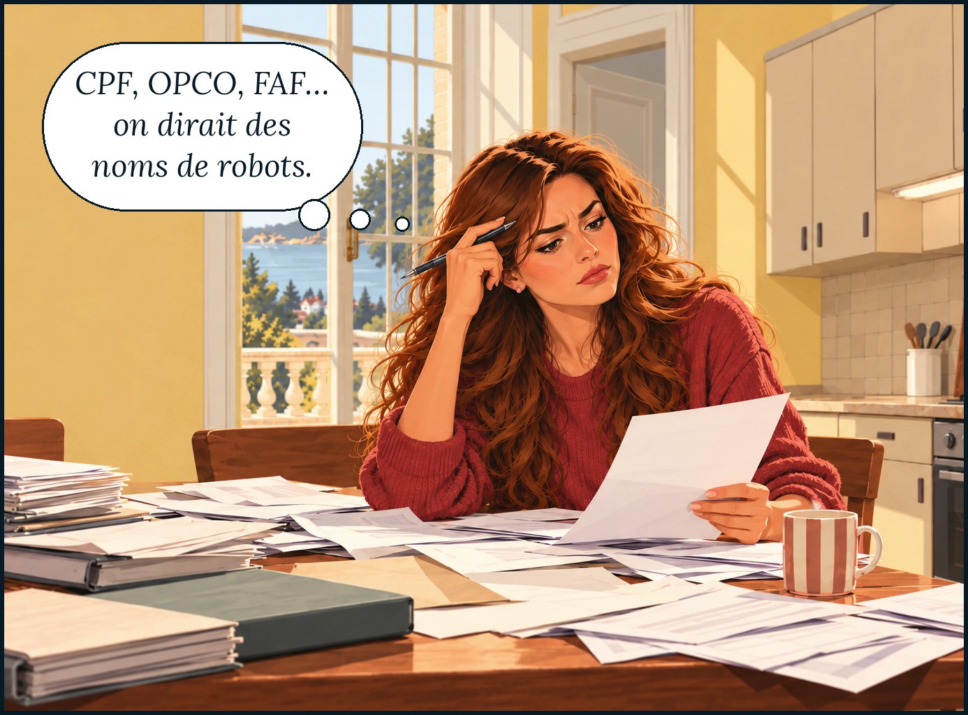 Garance, perplexe devant ses formulaires, pense : « CPF, OPCO, FAF… on dirait des noms de robots. »