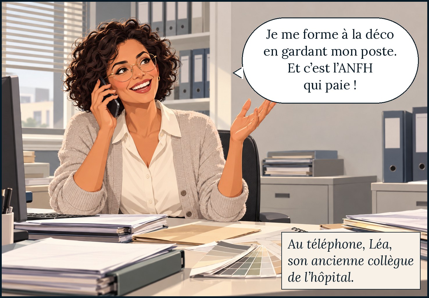 Au téléphone, Léa, l’ancienne collègue de Garance à l’hôpital : « Je me forme à la déco en gardant mon poste. Et c’est l’ANFH qui paie ! »