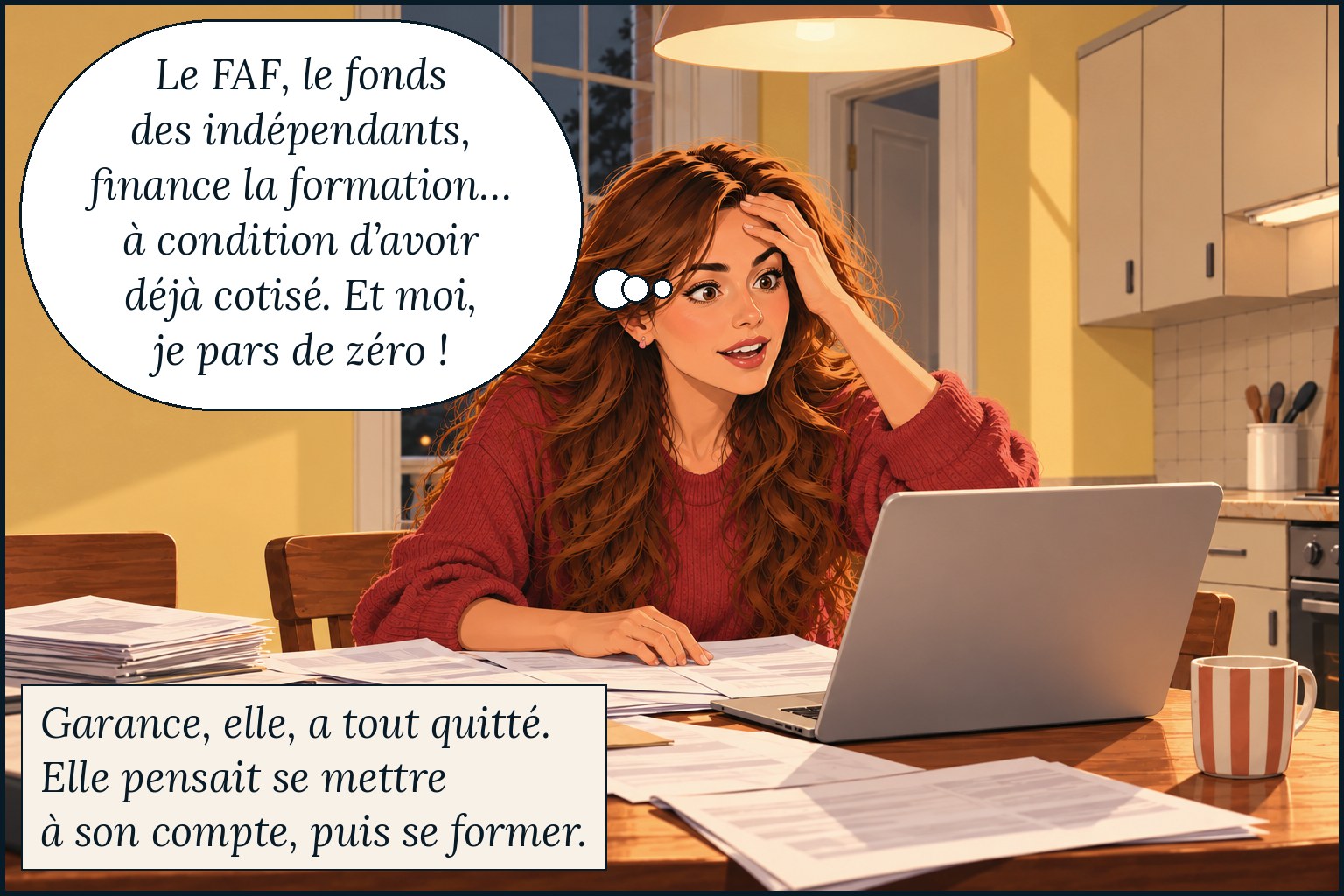 Garance a tout quitté : elle pensait se mettre à son compte, puis se former. Elle réfléchit : « Le FAF, le fonds des indépendants, finance la formation… à condition d’avoir déjà cotisé. Et moi, je pars de zéro ! »
