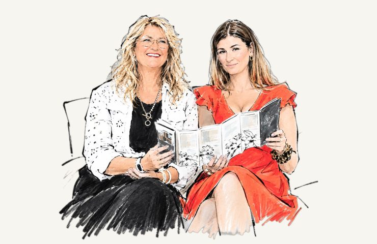 Dessin de Myriam Blin et Margot Letailleur, décoratrices et formatrices MGI22, feuilletant un nuancier