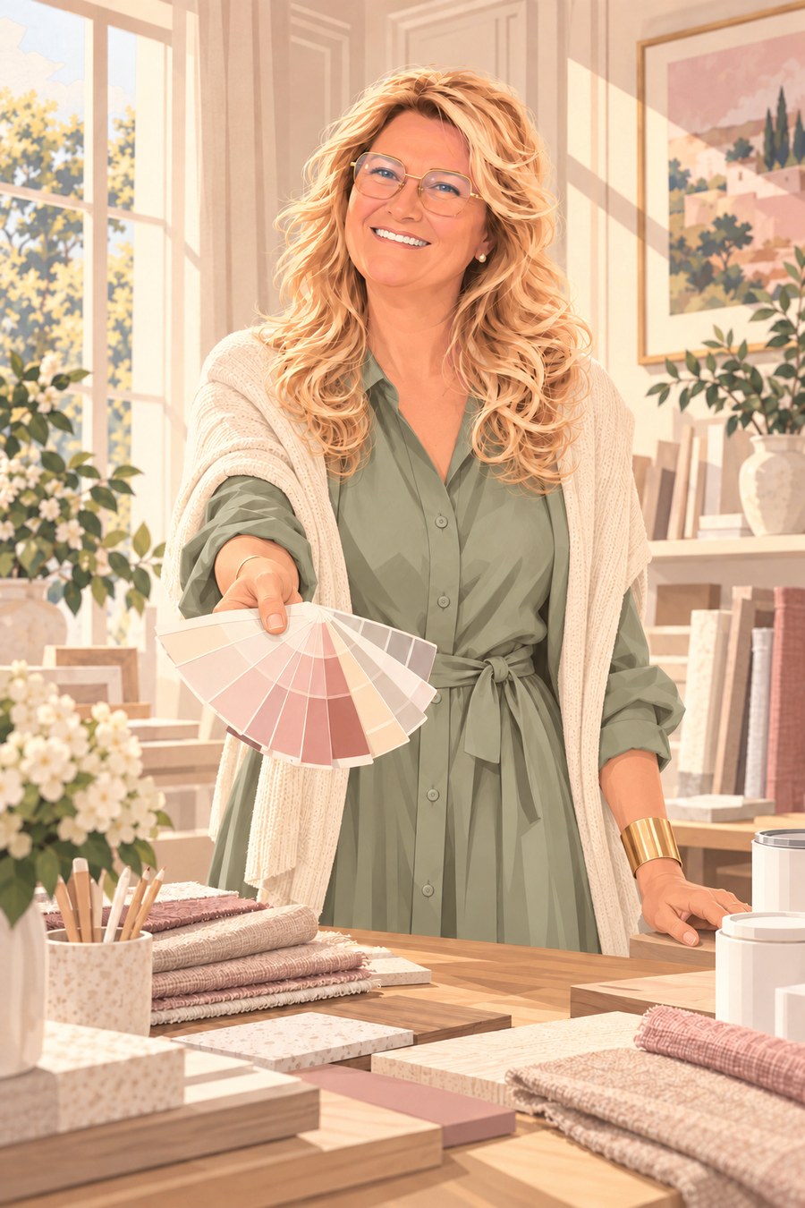 Myriam Blin, décoratrice, coloriste et formatrice, dans son atelier de formation, tend un nuancier de couleurs, en robe chemise vert sauge et gilet crème.