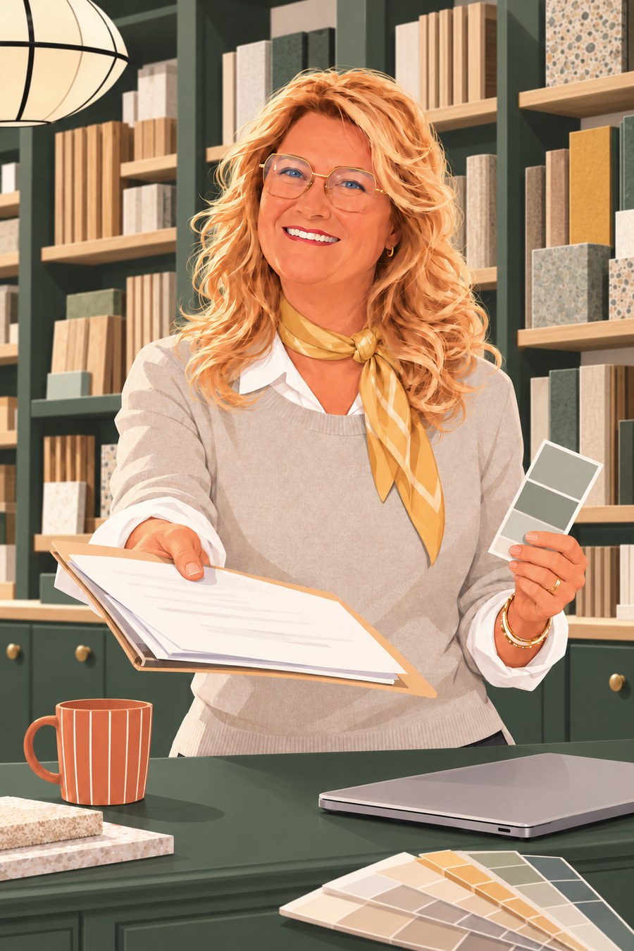 Myriam Blin, décoratrice, coloriste et formatrice, dans son showroom devant la bibliothèque d’échantillons vert profond, un dossier de financement de formation et un échantillon vert grisé à la main.